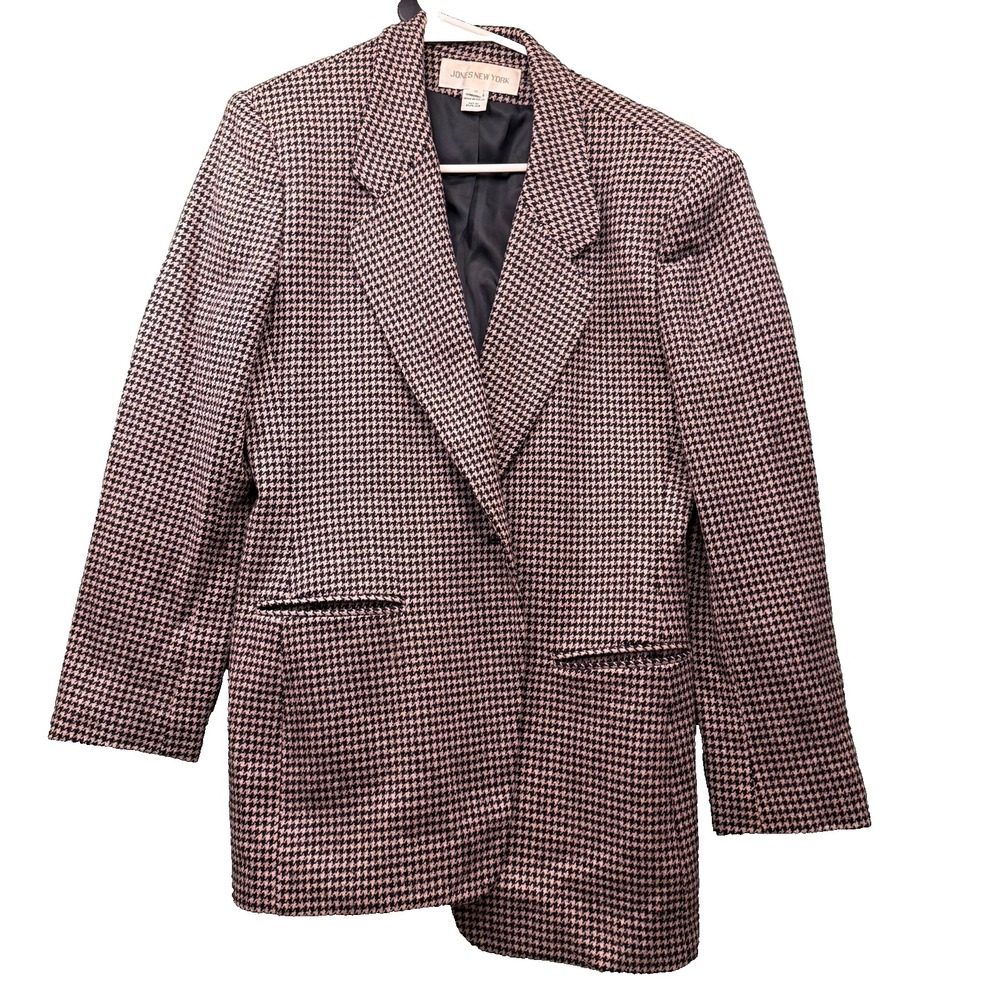 JONES NEW YORK Pink Houndstooth Checkered 100% Wool Button Blazer Jacket Size 8